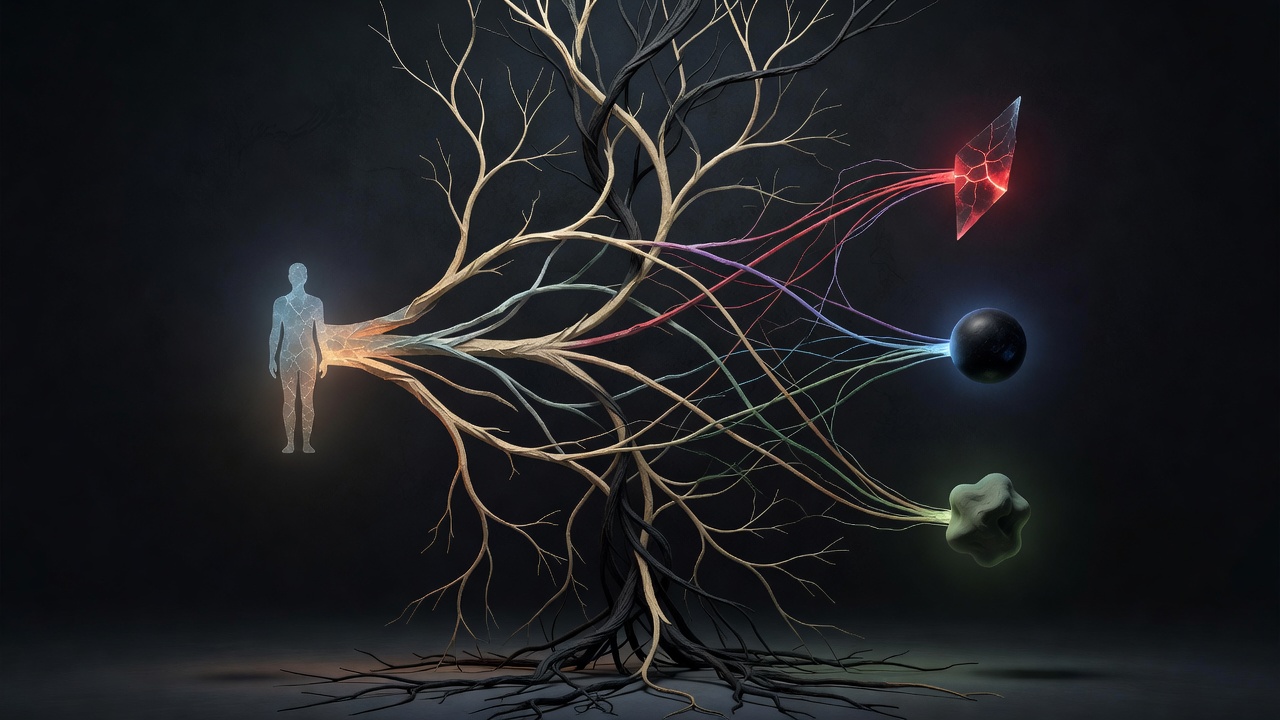 Conceptual relationship ledger showing a character's choices affecting three connected people
