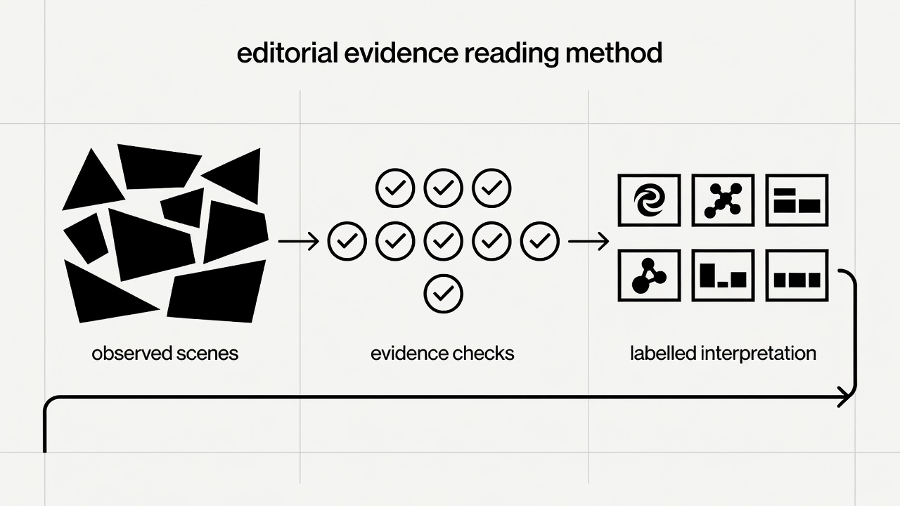 Conceptual editorial diagram moving from observed scenes to evidence checks and labelled interpretation